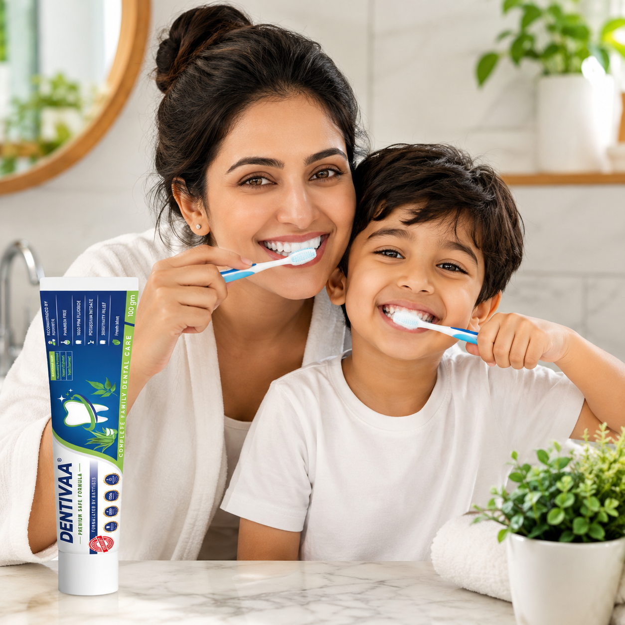 Mother and son brushing their teeth together with toothbrushes for healthy daily oral care