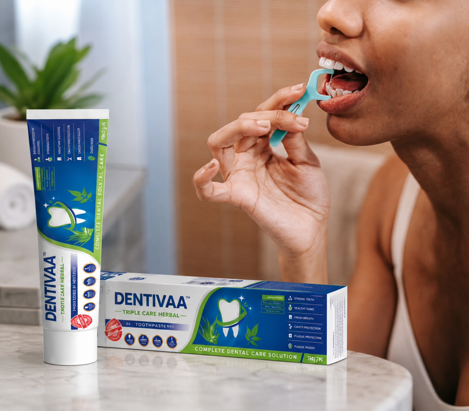 Close-up demonstration of flossing as part of complete preventive oral care