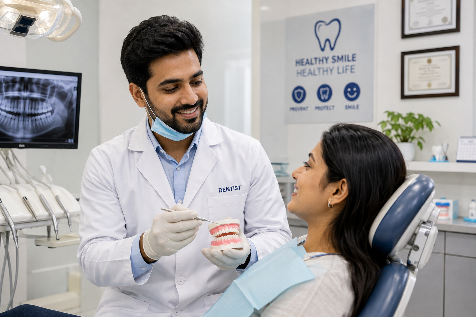 Dental professional providing preventive care to a young patient